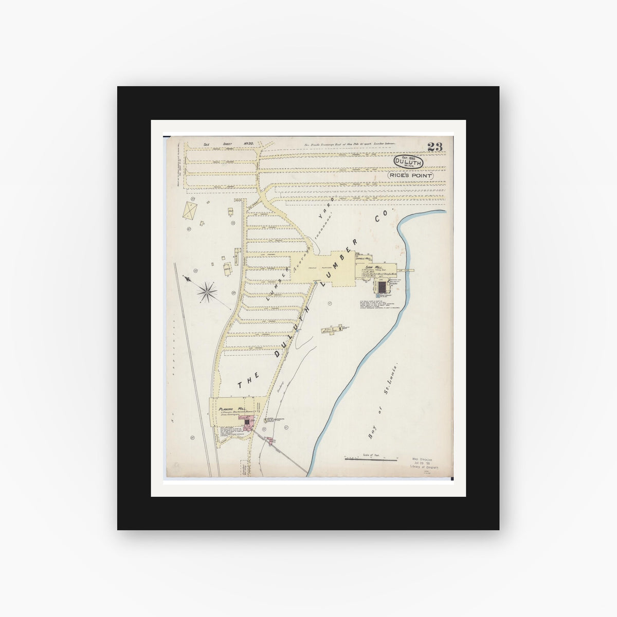 Old map wall art mockup — black gallery frame with white mat — Sanborn Fire Insurance Map from Duluth, Saint Louis County, Minnesota (1885), Sheet #0023