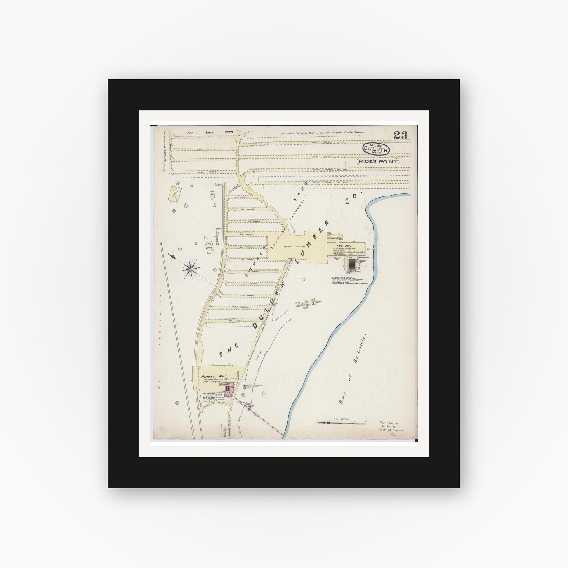 Old map wall art mockup — black gallery frame with white mat — Sanborn Fire Insurance Map from Duluth, Saint Louis County, Minnesota (1885), Sheet #0023