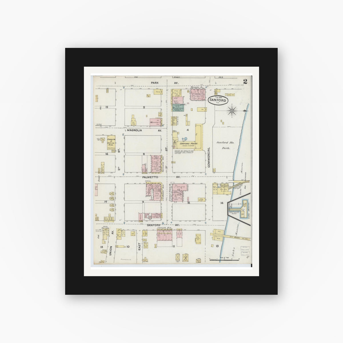 Old map wall art mockup — black gallery frame with white mat — Sanborn Fire Insurance Map from Sanford, Seminole County, Florida (1890), Sheet #0002