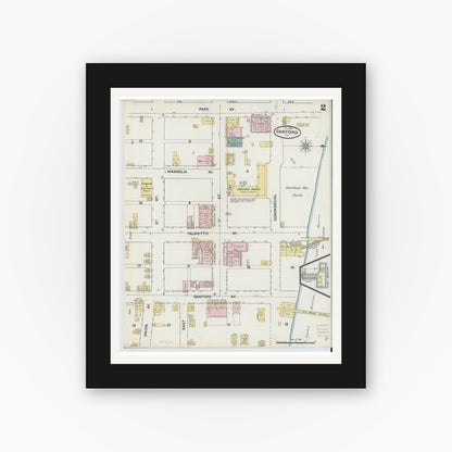 Old map wall art mockup — black gallery frame with white mat — Sanborn Fire Insurance Map from Sanford, Seminole County, Florida (1890), Sheet #0002