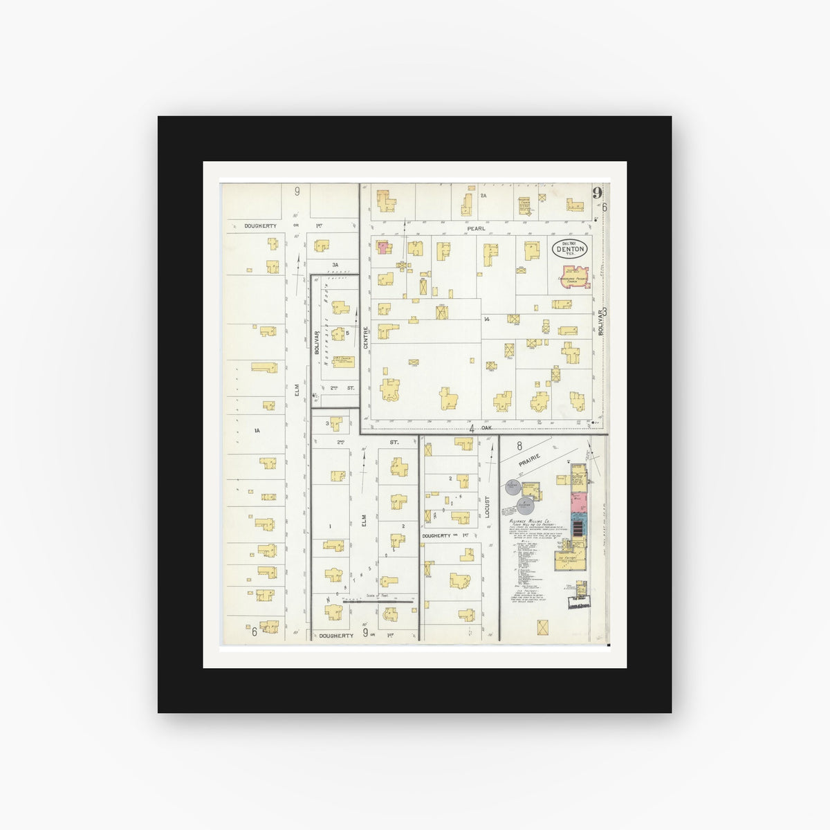 Old map wall art mockup — black gallery frame with white mat — Sanborn Fire Insurance Map from Denton, Denton County, Texas (1901), Sheet #0009
