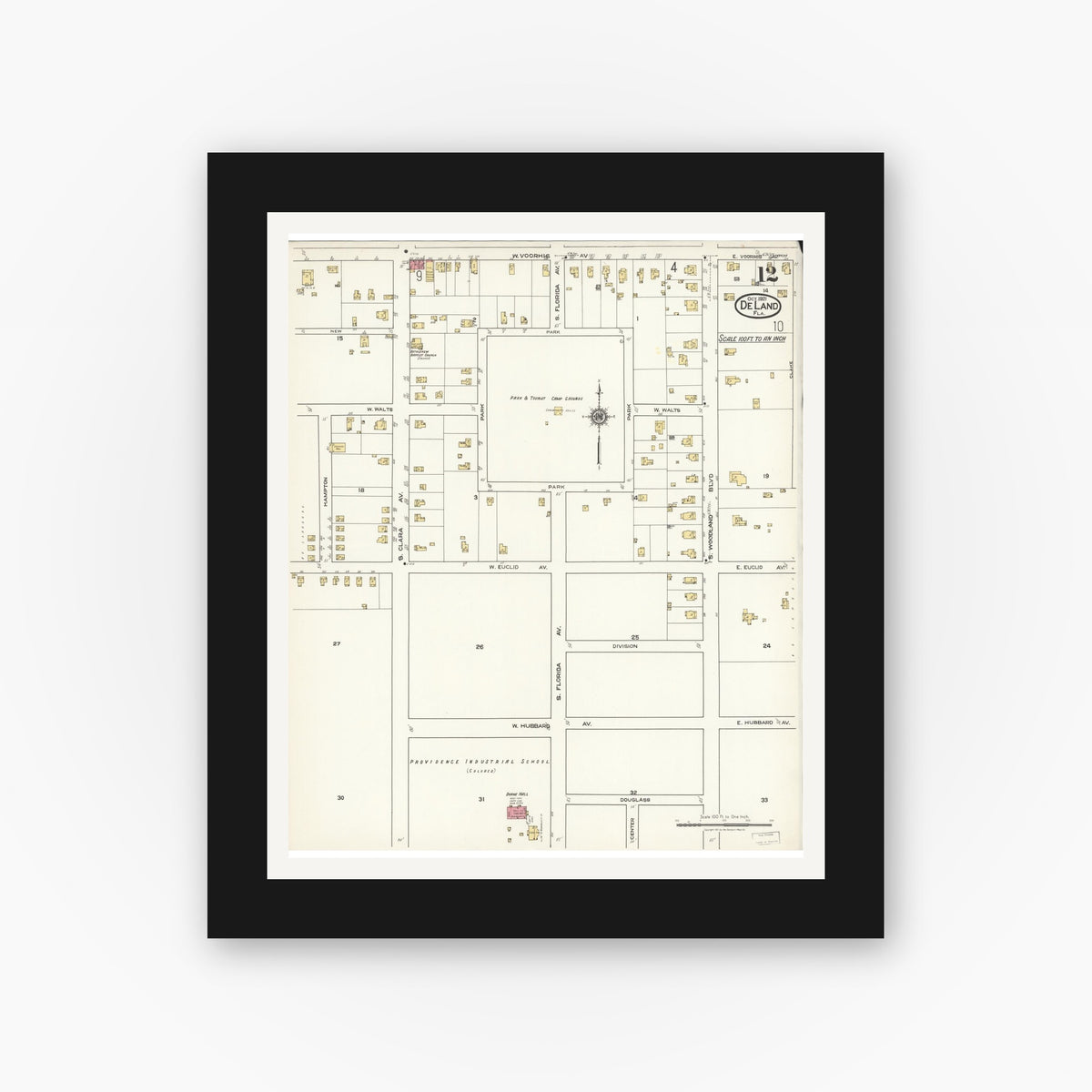 Old map wall art mockup — black gallery frame with white mat — Sanborn Fire Insurance Map from De Land, Volusia County, Florida (1921), Sheet #0012