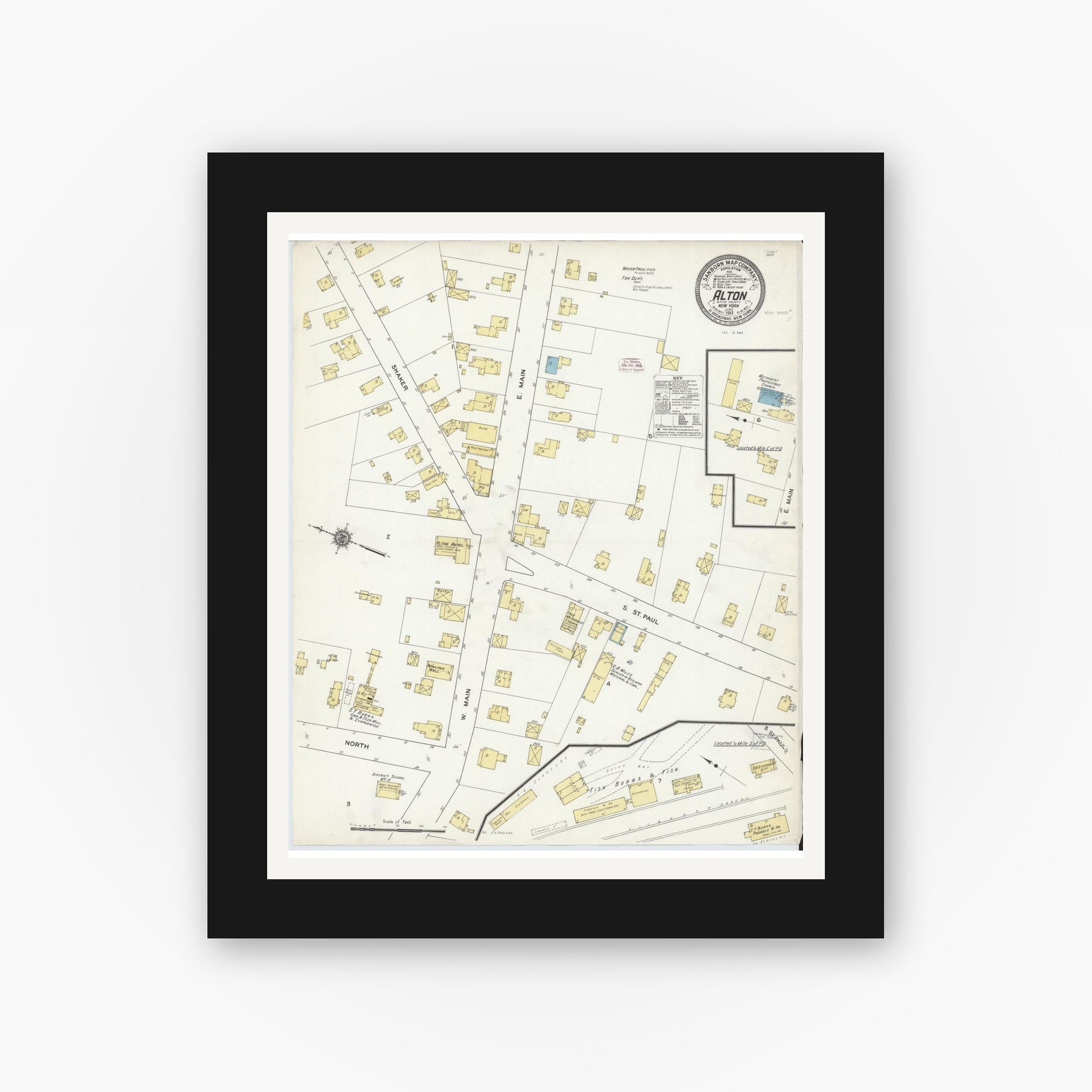 Old map wall art mockup — black gallery frame with white mat — Sanborn Fire Insurance Map from Alton, Wayne County, New York (1911), Sheet #0001