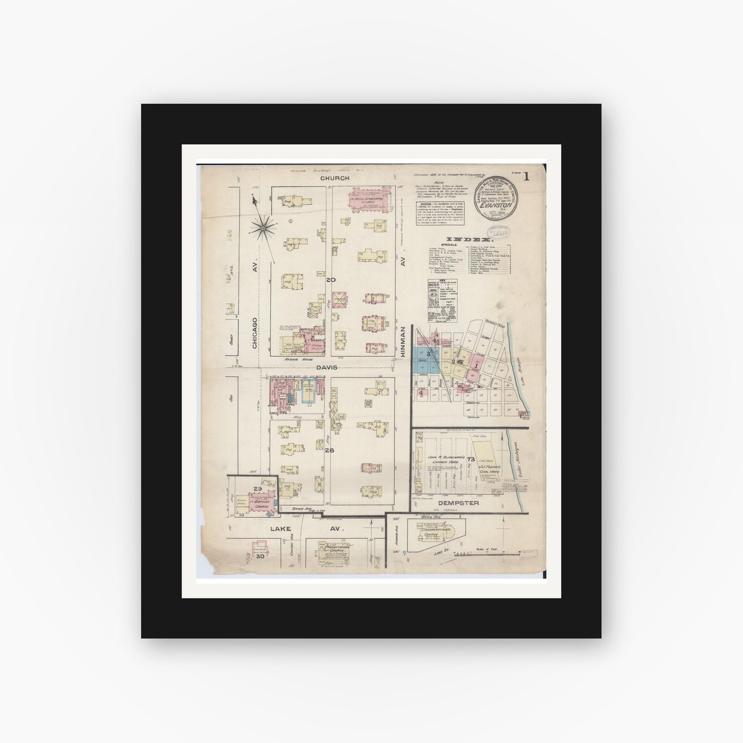 Old map wall art mockup — black gallery frame with white mat — Sanborn Fire Insurance Map from Evanston, Cook County, Illinois (1883) - Complete Map Set