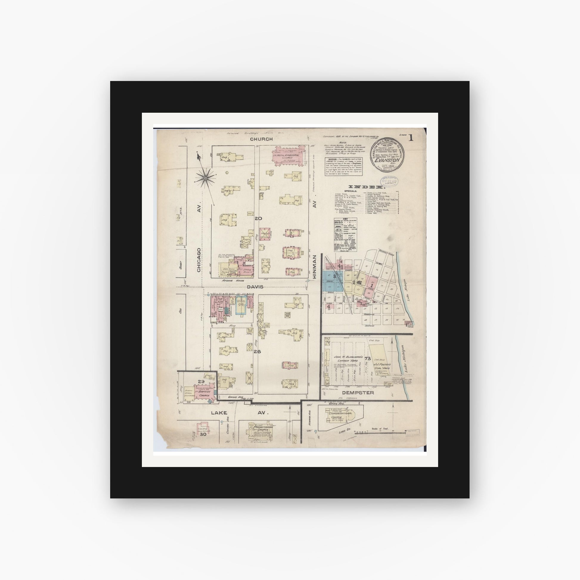 Old map wall art mockup — black gallery frame with white mat — Sanborn Fire Insurance Map from Evanston, Cook County, Illinois (1883) - Complete Map Set
