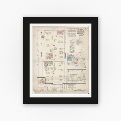 Old map wall art mockup — black gallery frame with white mat — Sanborn Fire Insurance Map from Evanston, Cook County, Illinois (1883) - Complete Map Set