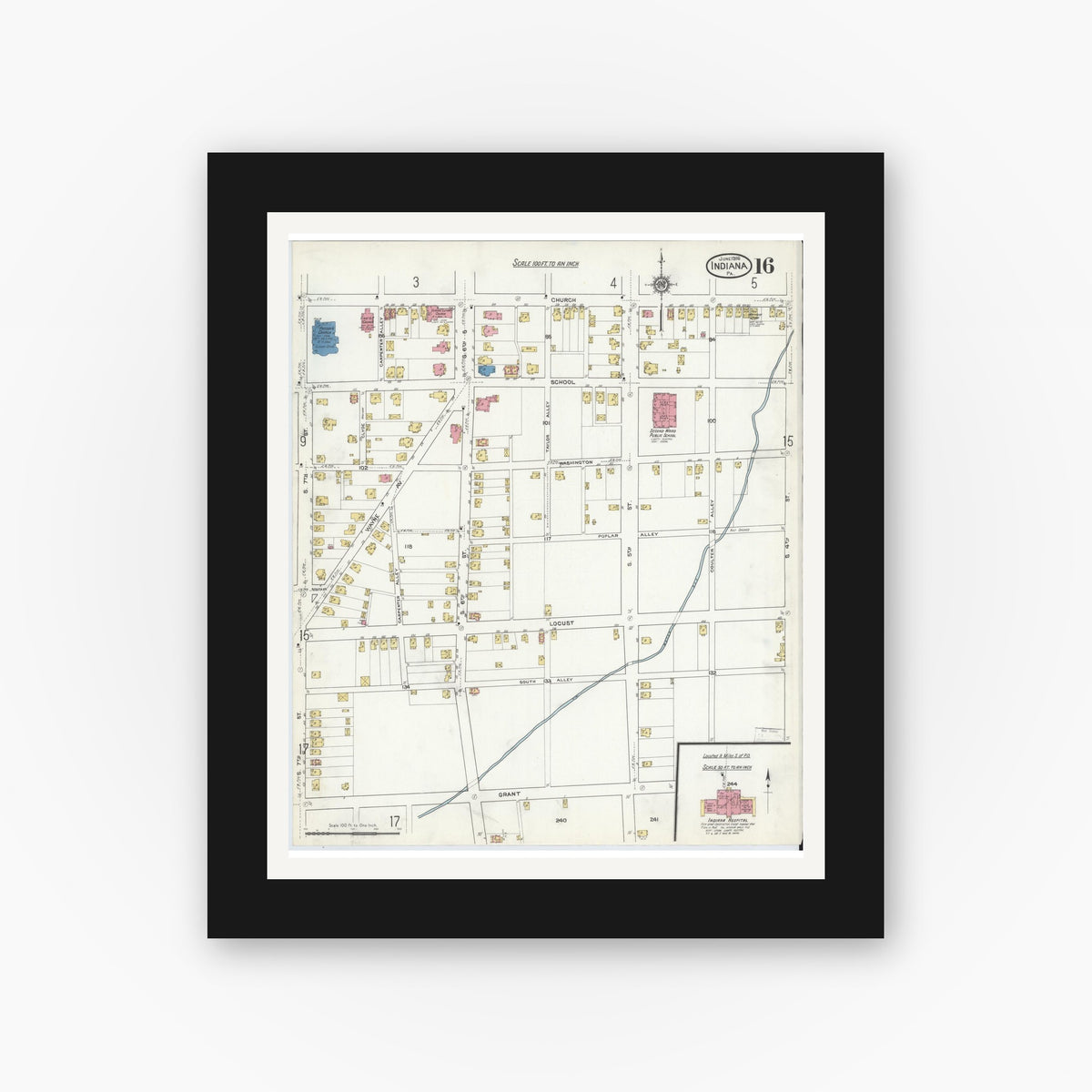 Old map wall art mockup — black gallery frame with white mat — Sanborn Fire Insurance Map from Indiana, Indiana County, Pennsylvania (1916), Sheet #0016
