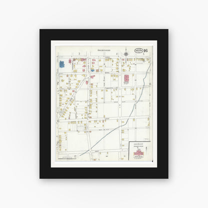 Old map wall art mockup — black gallery frame with white mat — Sanborn Fire Insurance Map from Indiana, Indiana County, Pennsylvania (1916), Sheet #0016