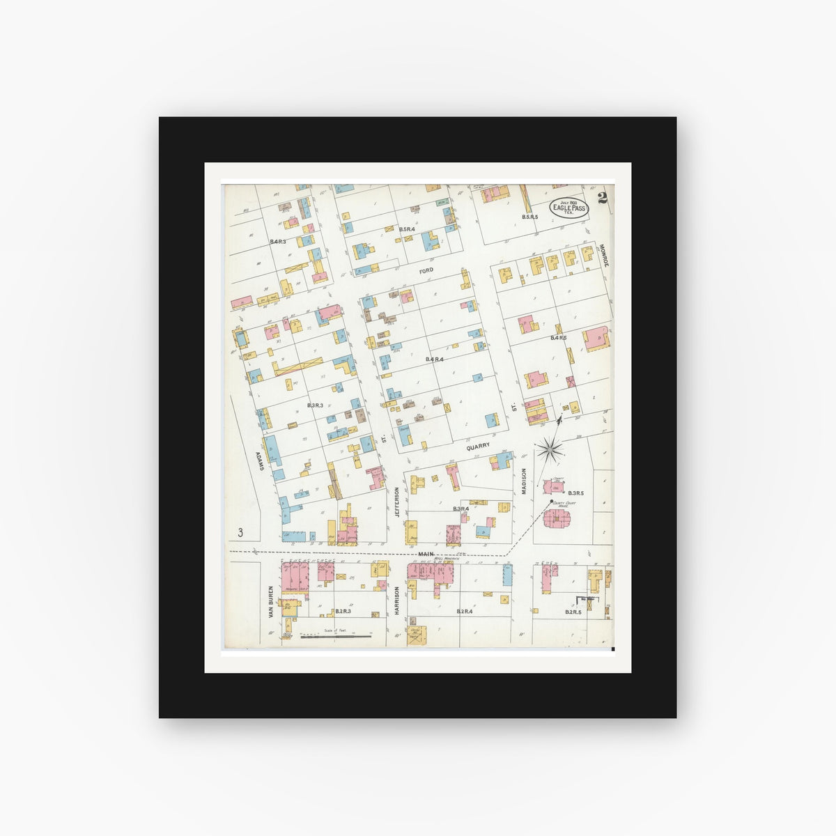 Old map wall art mockup — black gallery frame with white mat — Sanborn Fire Insurance Map from Eagle Pass, Maverick County, Texas (1900), Sheet #0002