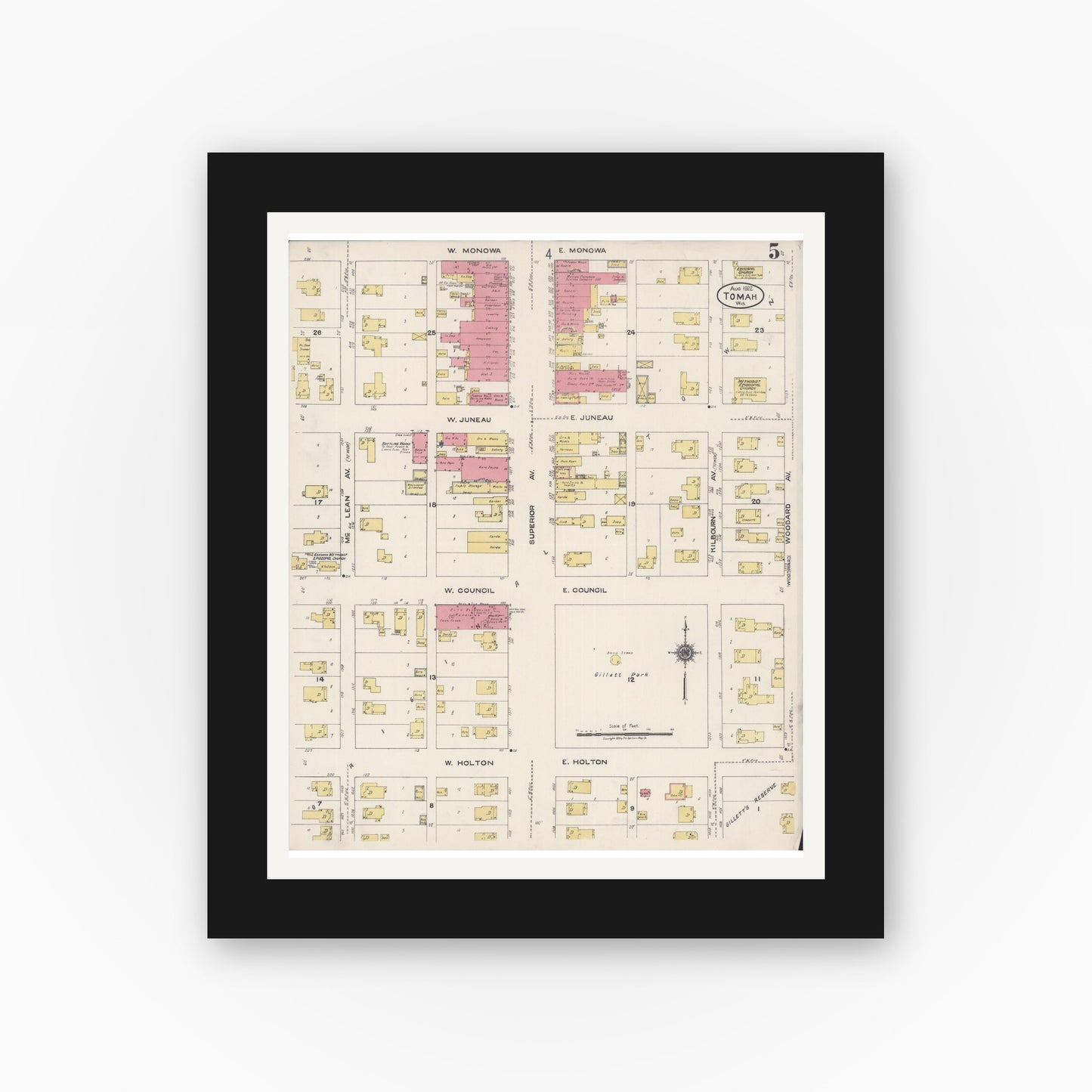 Old map wall art mockup — black gallery frame with white mat — Sanborn Fire Insurance Map from Tomah, Monroe County, Wisconsin (1922), Sheet #0005