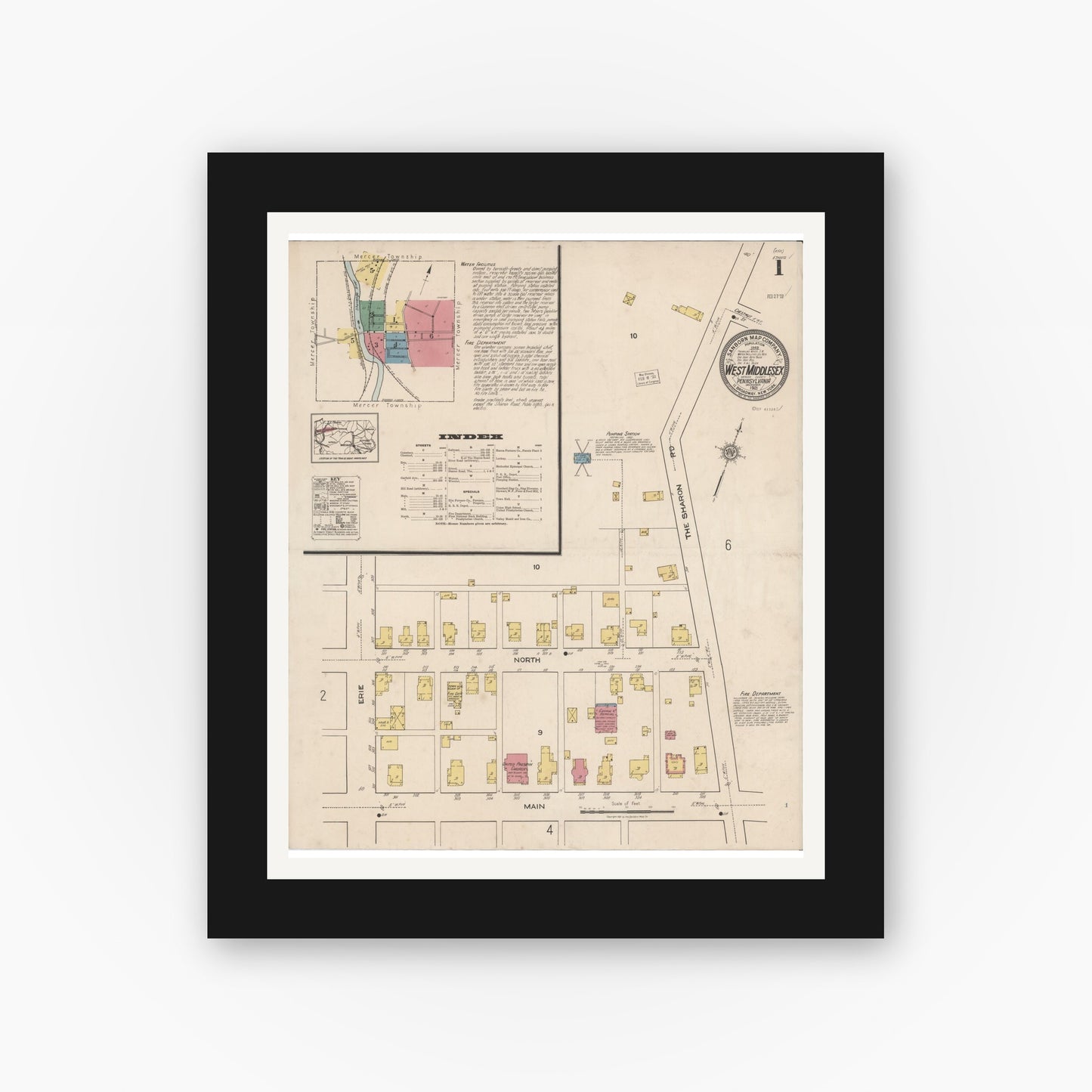 Old map wall art mockup — black gallery frame with white mat — Sanborn Fire Insurance Map from West Middlesex, Mercer County, Pennsylvania (1921) - Complete Map Set