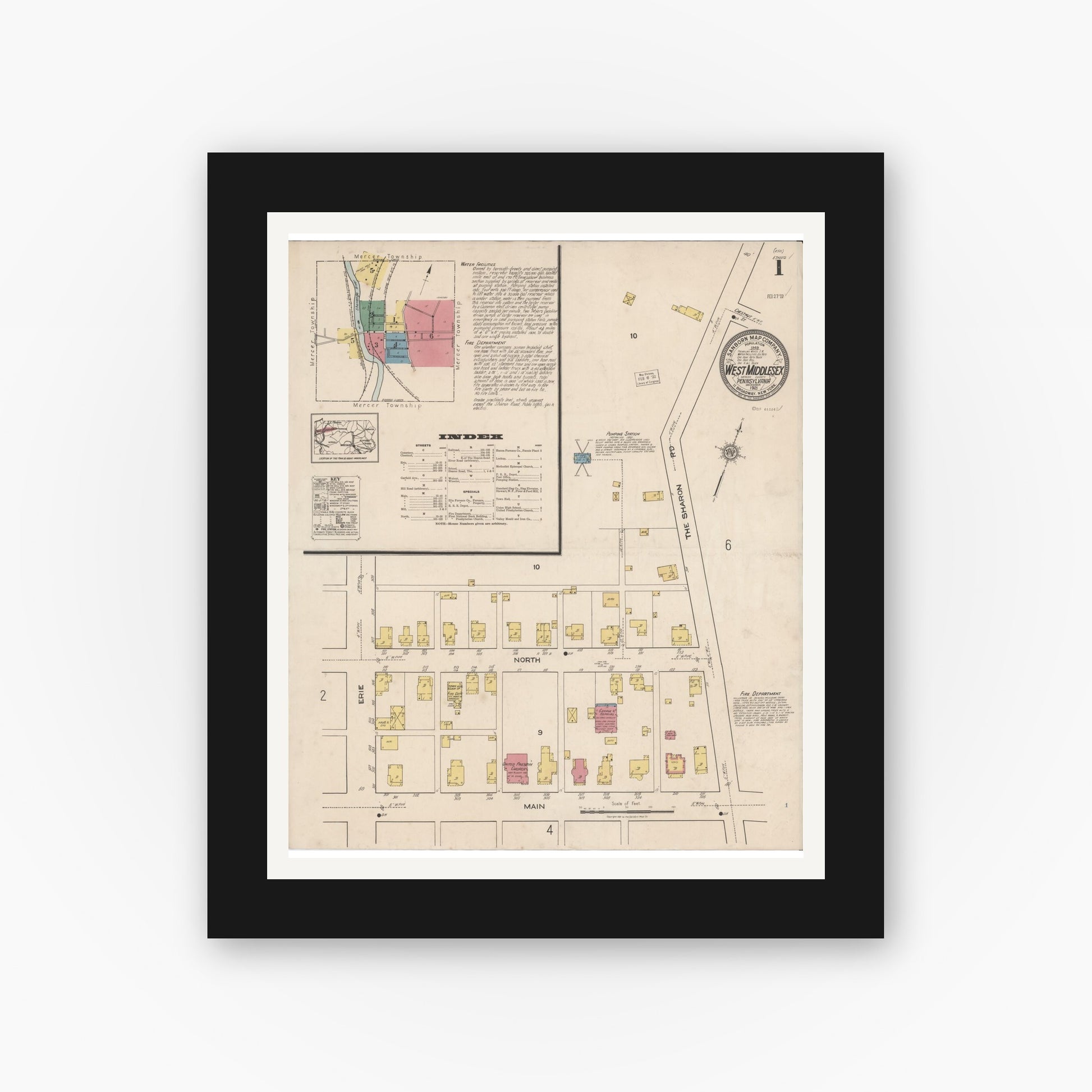 Old map wall art mockup — black gallery frame with white mat — Sanborn Fire Insurance Map from West Middlesex, Mercer County, Pennsylvania (1921) - Complete Map Set