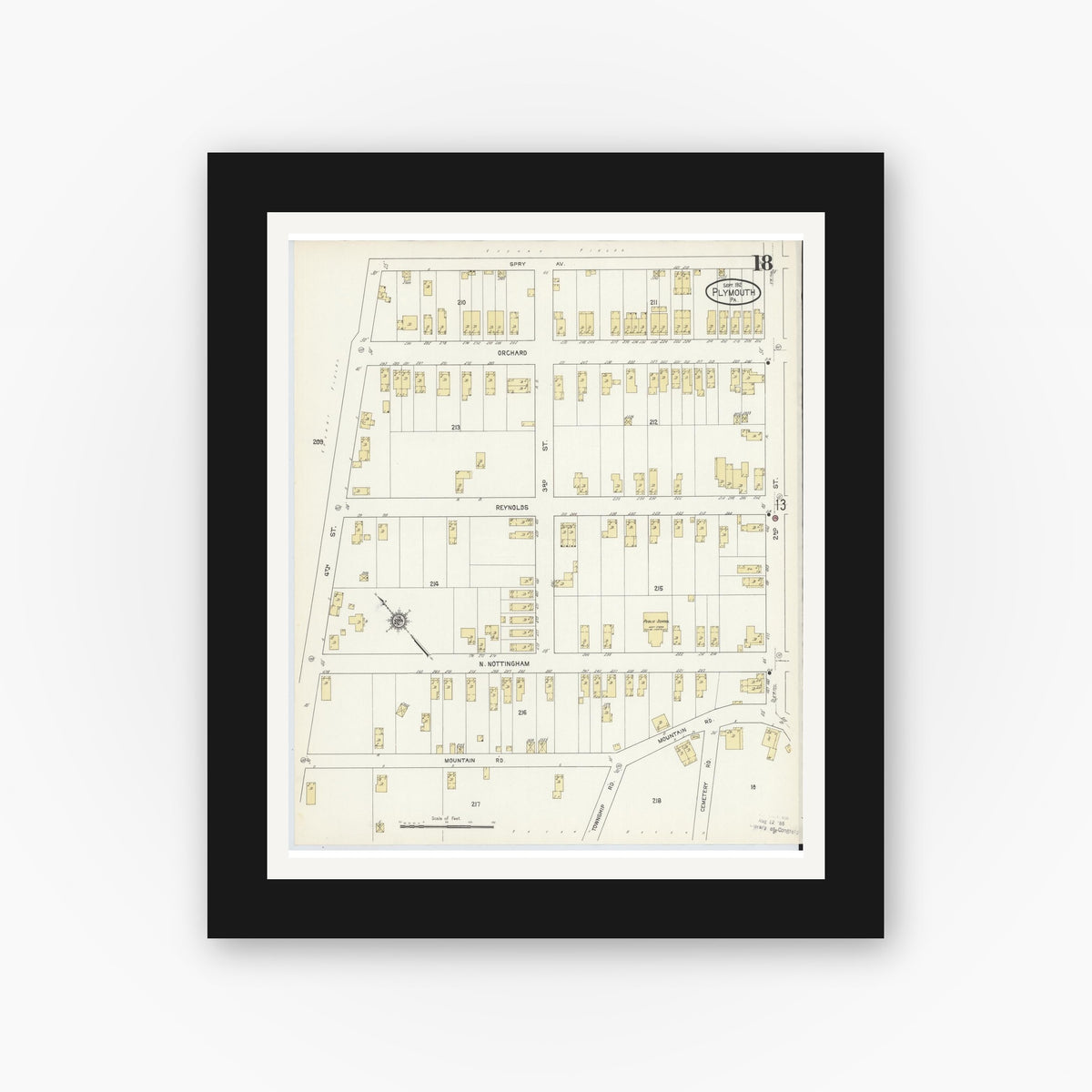 Old map wall art mockup — black gallery frame with white mat — Sanborn Fire Insurance Map from Plymouth, Luzerne County, Pennsylvania (1912), Sheet #0018