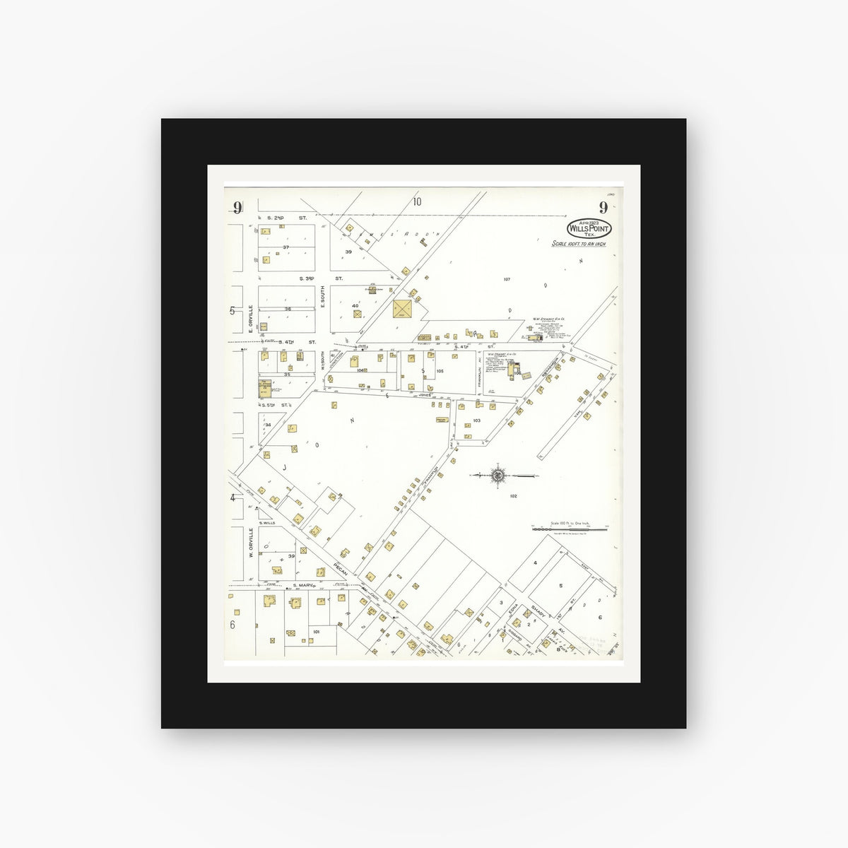 Old map wall art mockup — black gallery frame with white mat — Sanborn Fire Insurance Map from Wills Point, Van Zandt County, Texas (1923), Sheet #0009