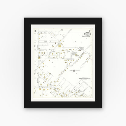 Old map wall art mockup — black gallery frame with white mat — Sanborn Fire Insurance Map from Wills Point, Van Zandt County, Texas (1923), Sheet #0009