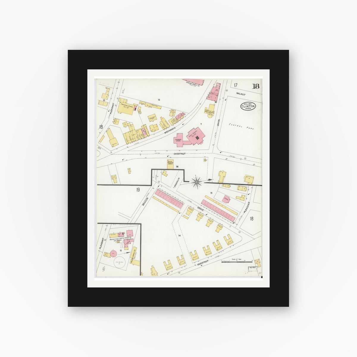 Old map wall art mockup — black gallery frame with white mat — Sanborn Fire Insurance Map from Clinton, Worcester County, Massachusetts (1904), Sheet #0018