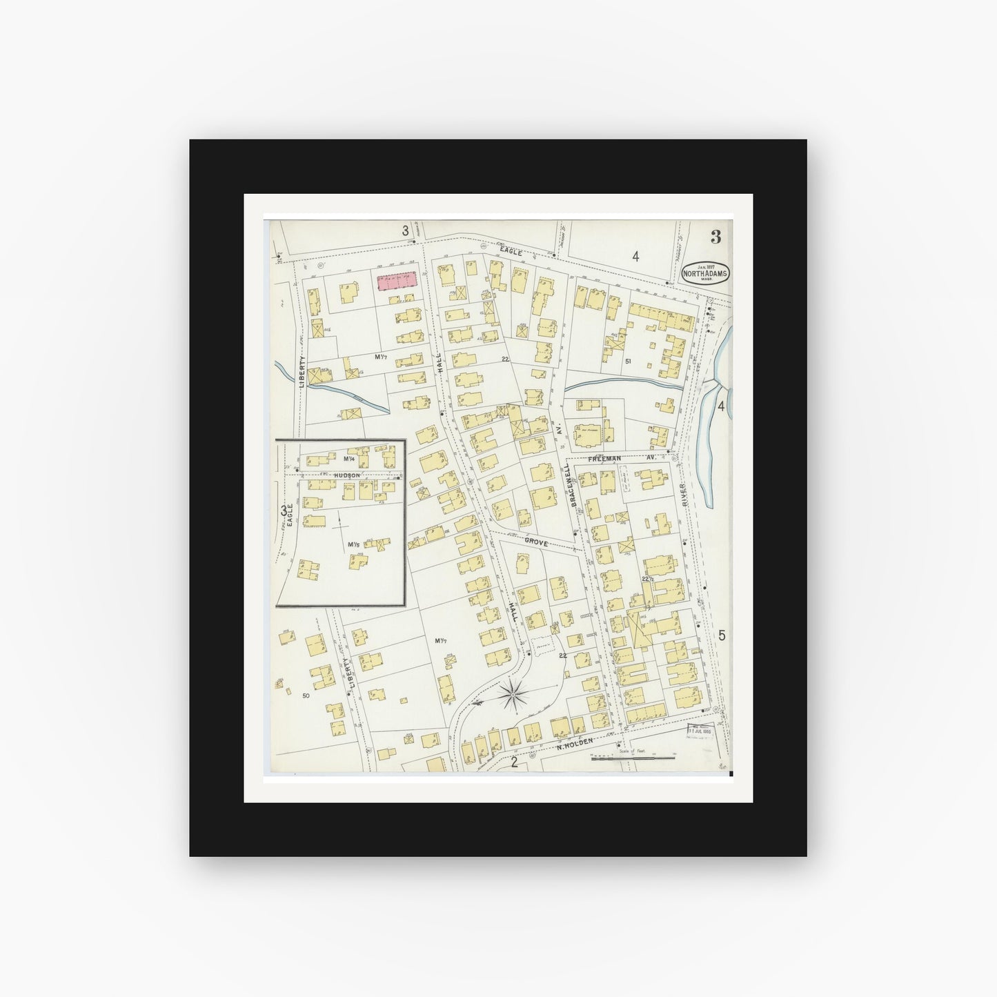 Old map wall art mockup — black gallery frame with white mat — Sanborn Fire Insurance Map from North Adams, Berkshire County, Massachusetts (1897), Sheet #0003