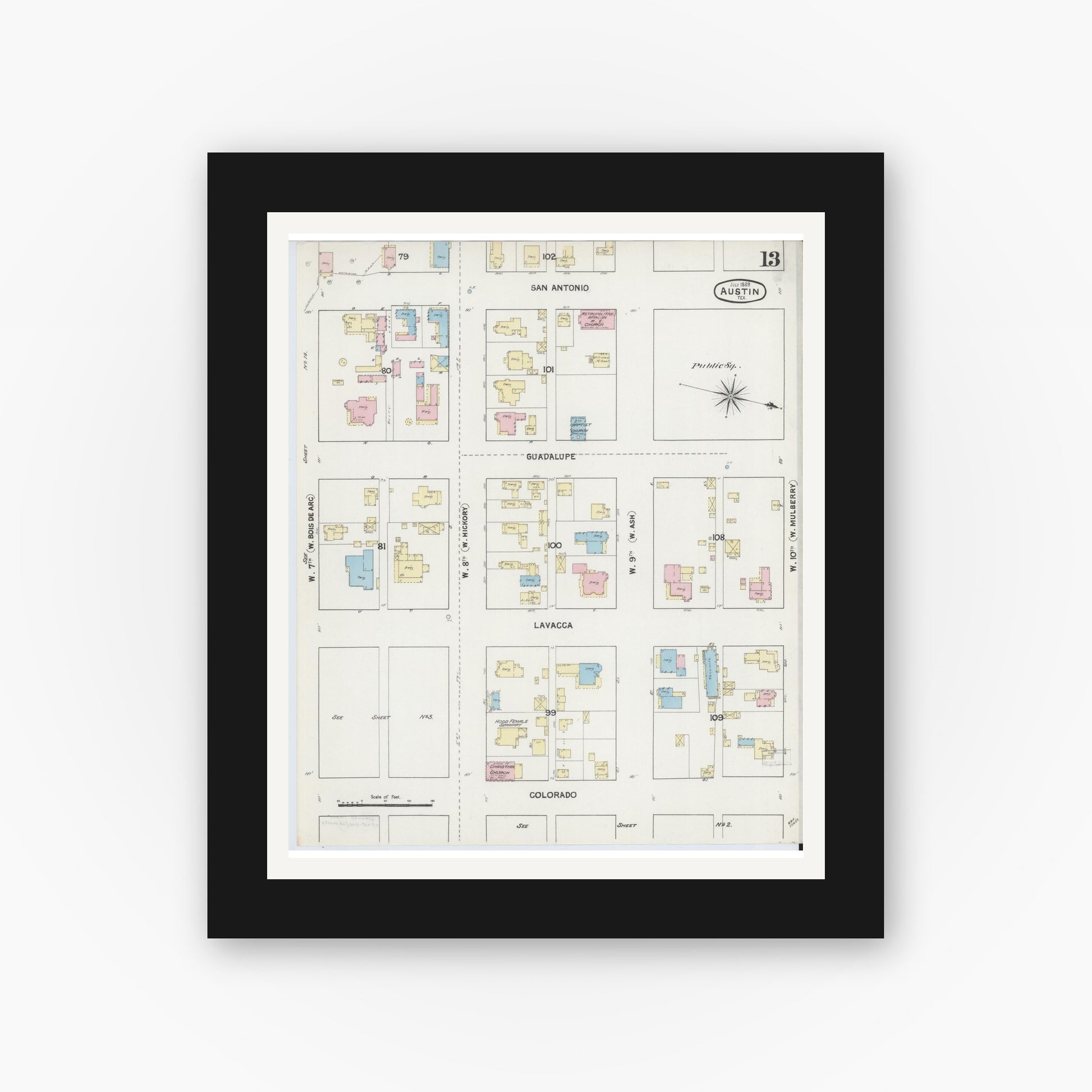 Old map wall art mockup — black gallery frame with white mat — Sanborn Fire Insurance Map from Austin, Travis County, Texas (1889), Sheet #0013