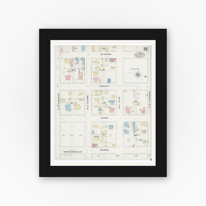 Old map wall art mockup — black gallery frame with white mat — Sanborn Fire Insurance Map from Austin, Travis County, Texas (1889), Sheet #0013