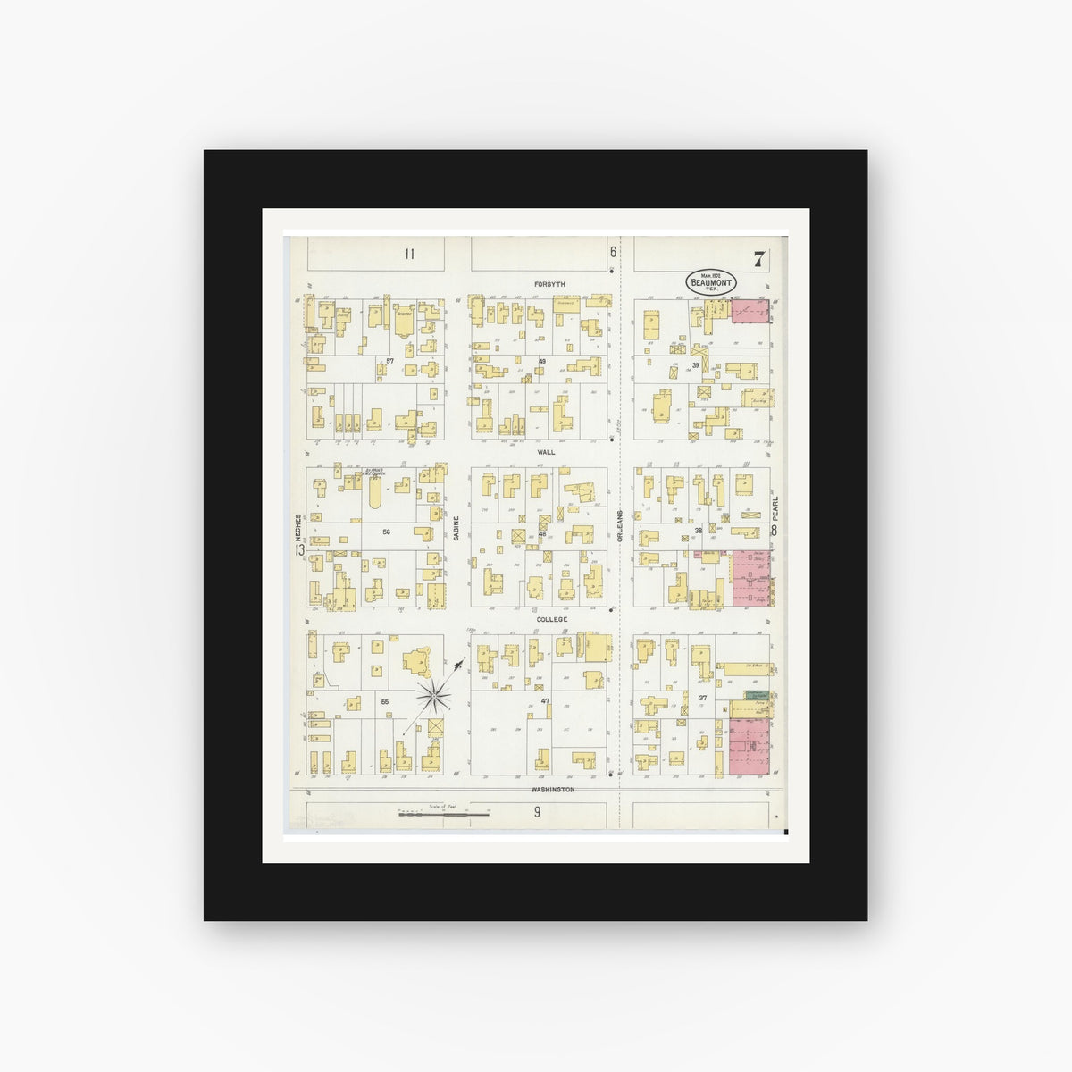 Old map wall art mockup — black gallery frame with white mat — Sanborn Fire Insurance Map from Beaumont, Jefferson County, Texas (1902), Sheet #0007