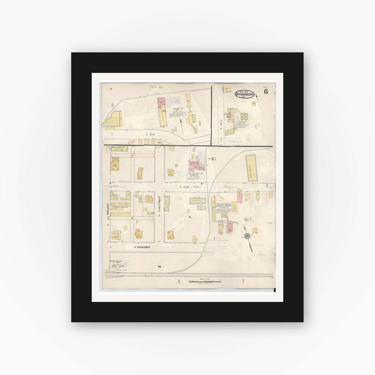 Old map wall art mockup — black gallery frame with white mat — Sanborn Fire Insurance Map from Winnsboro, Wood County, Texas (1943), Sheet #0006