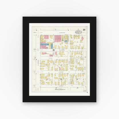 Old map wall art mockup — black gallery frame with white mat — Sanborn Fire Insurance Map from Shelbyville, Shelby County, Indiana (1916), Sheet #0019