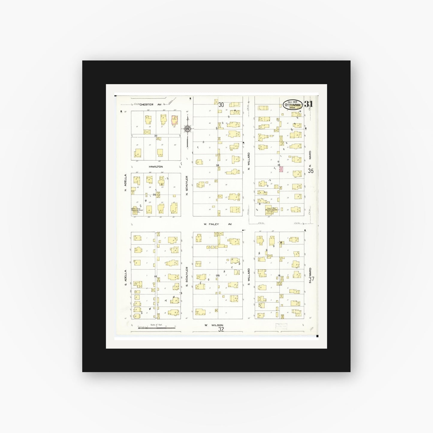 Old map wall art mockup — black gallery frame with white mat — Sanborn Fire Insurance Map from Ottumwa, Wapello County, Iowa (1909), Sheet #0031