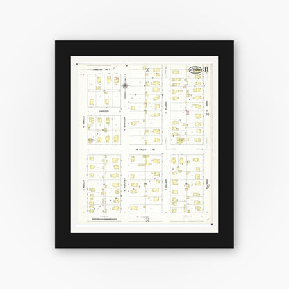Old map wall art mockup — black gallery frame with white mat — Sanborn Fire Insurance Map from Ottumwa, Wapello County, Iowa (1909), Sheet #0031