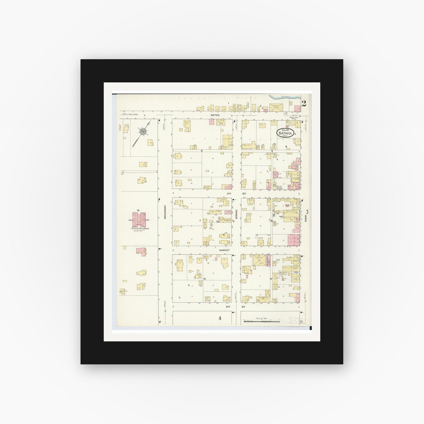 Old map wall art mockup — black gallery frame with white mat — Sanborn Fire Insurance Map from Batavia, Clermont County, Ohio (1911), Sheet #0002