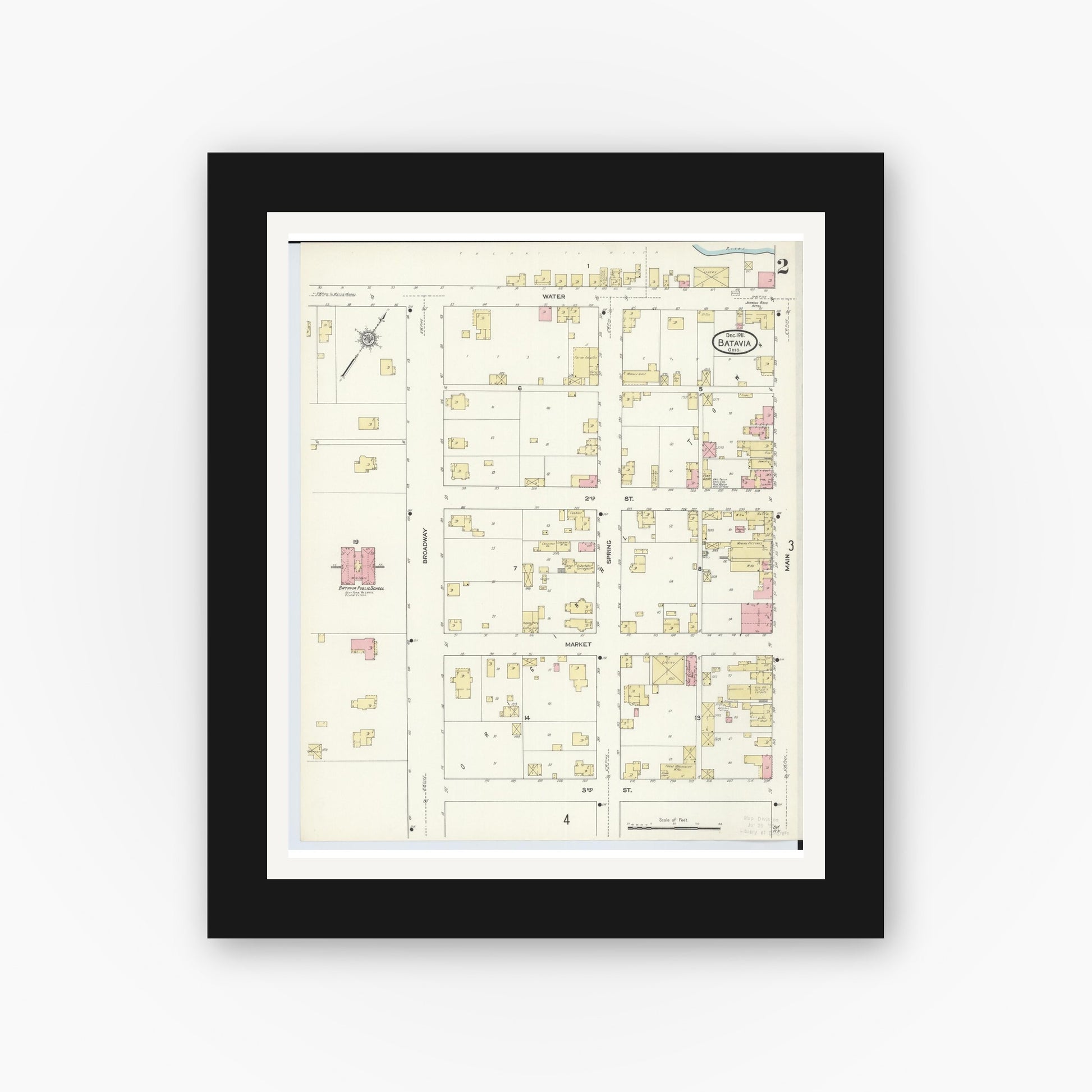 Old map wall art mockup — black gallery frame with white mat — Sanborn Fire Insurance Map from Batavia, Clermont County, Ohio (1911), Sheet #0002