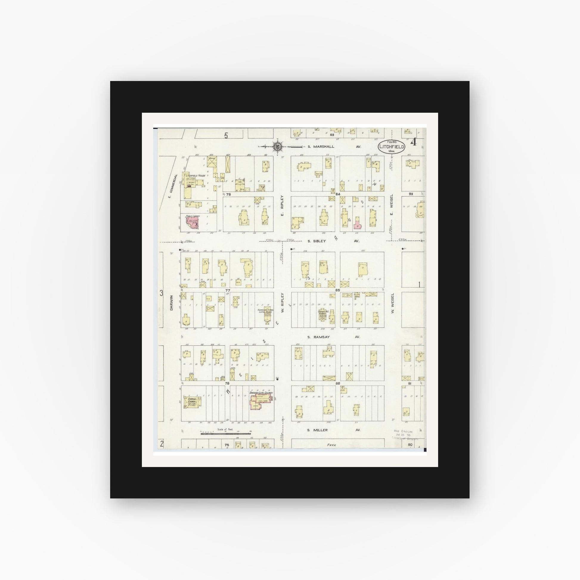Old map wall art mockup — black gallery frame with white mat — Sanborn Fire Insurance Map from Litchfield, Meeker County, Minnesota (1913), Sheet #0004