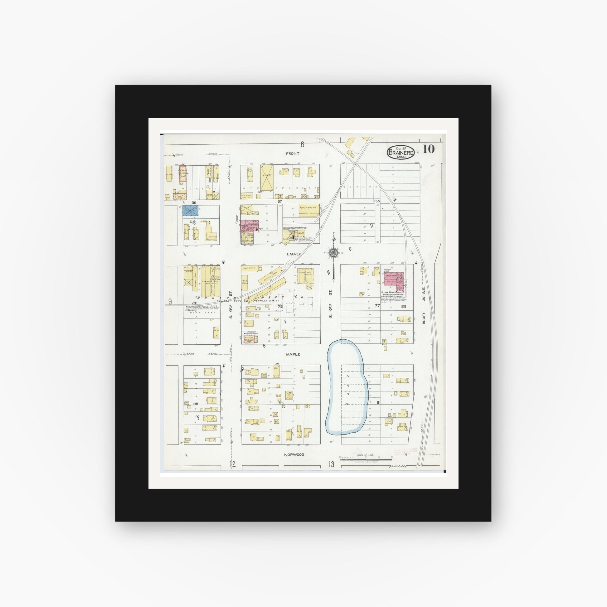 Old map wall art mockup — black gallery frame with white mat — Sanborn Fire Insurance Map from Brainerd, Crow Wing County, Minnesota (1917), Sheet #0010
