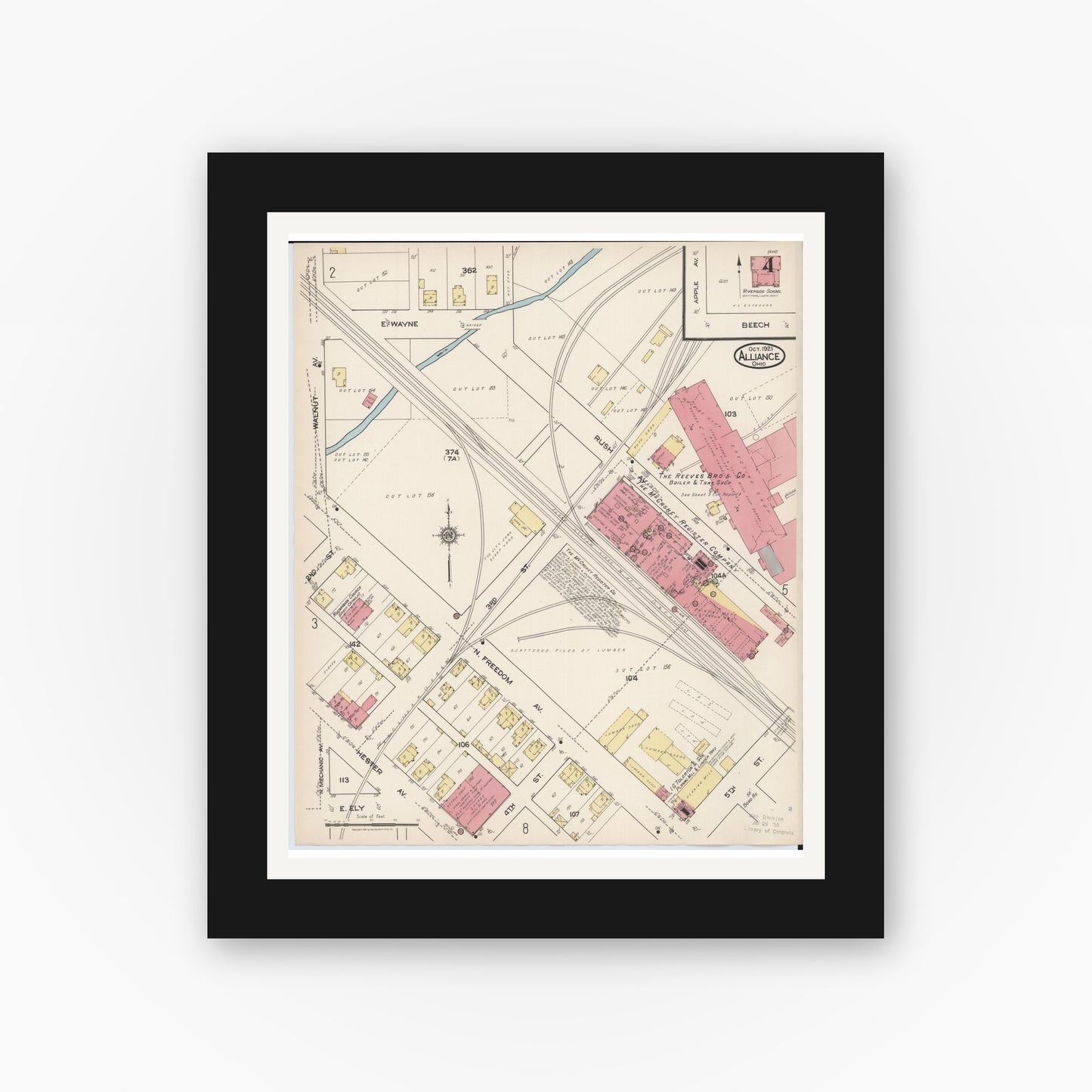Old map wall art mockup — black gallery frame with white mat — Sanborn Fire Insurance Map from Alliance, Stark County, Ohio (1921), Sheet #0004