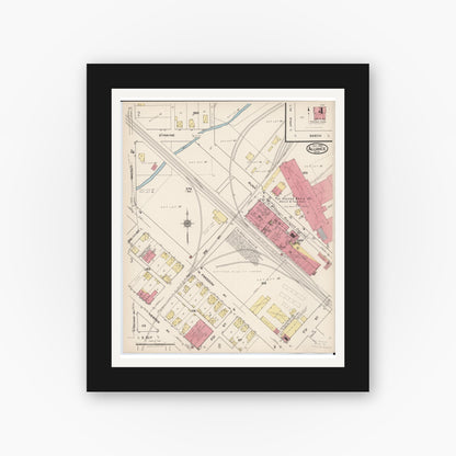 Old map wall art mockup — black gallery frame with white mat — Sanborn Fire Insurance Map from Alliance, Stark County, Ohio (1921), Sheet #0004