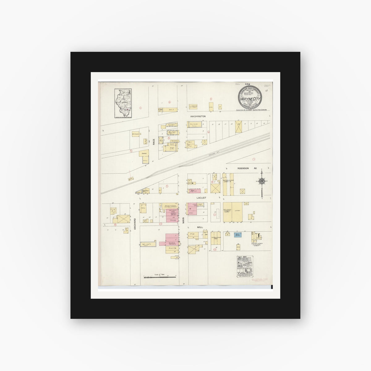 Old map wall art mockup — black gallery frame with white mat — Sanborn Fire Insurance Map from Wayne City, Wayne County, Illinois (1921), Sheet #0001