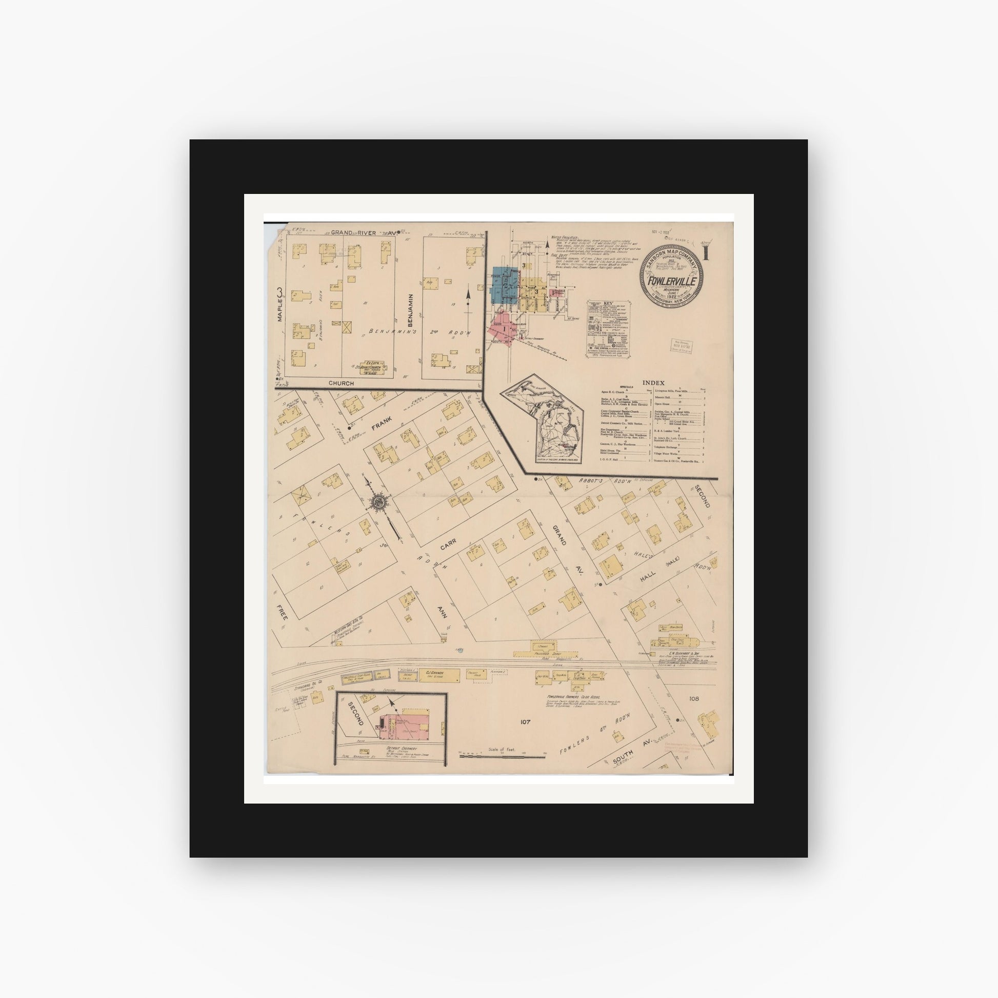 Old map wall art mockup — black gallery frame with white mat — Sanborn Fire Insurance Map from Fowlerville, Livingston County, Michigan (1922) - Complete Map Set