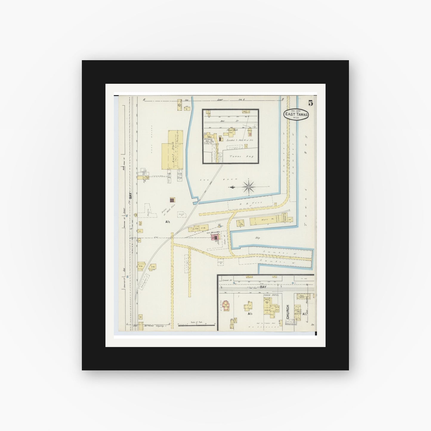 Old map wall art mockup — black gallery frame with white mat — Sanborn Fire Insurance Map from East Tawas, Iosco County, Michigan (1890), Sheet #0005
