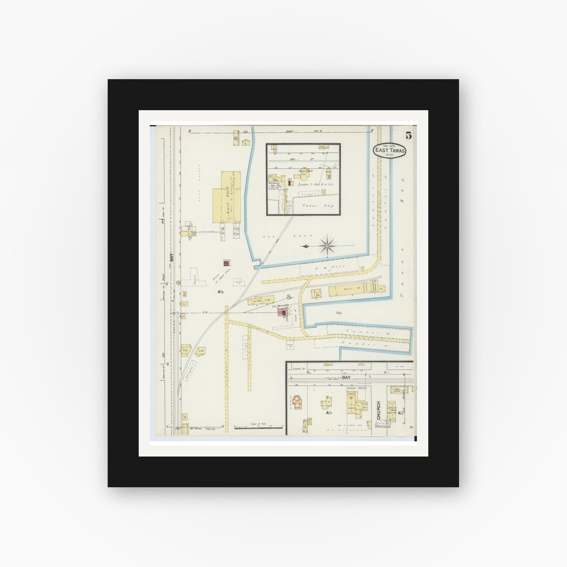Old map wall art mockup — black gallery frame with white mat — Sanborn Fire Insurance Map from East Tawas, Iosco County, Michigan (1890), Sheet #0005