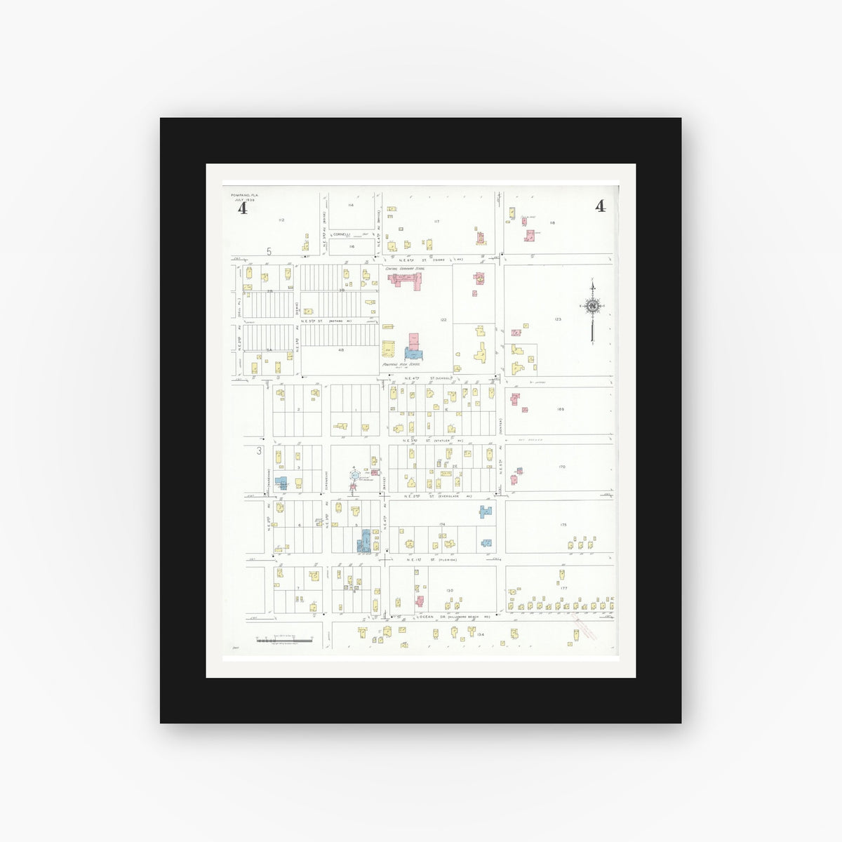 Old map wall art mockup — black gallery frame with white mat — Sanborn Fire Insurance Map from Pompano, Broward County, Florida (1939), Sheet #0004