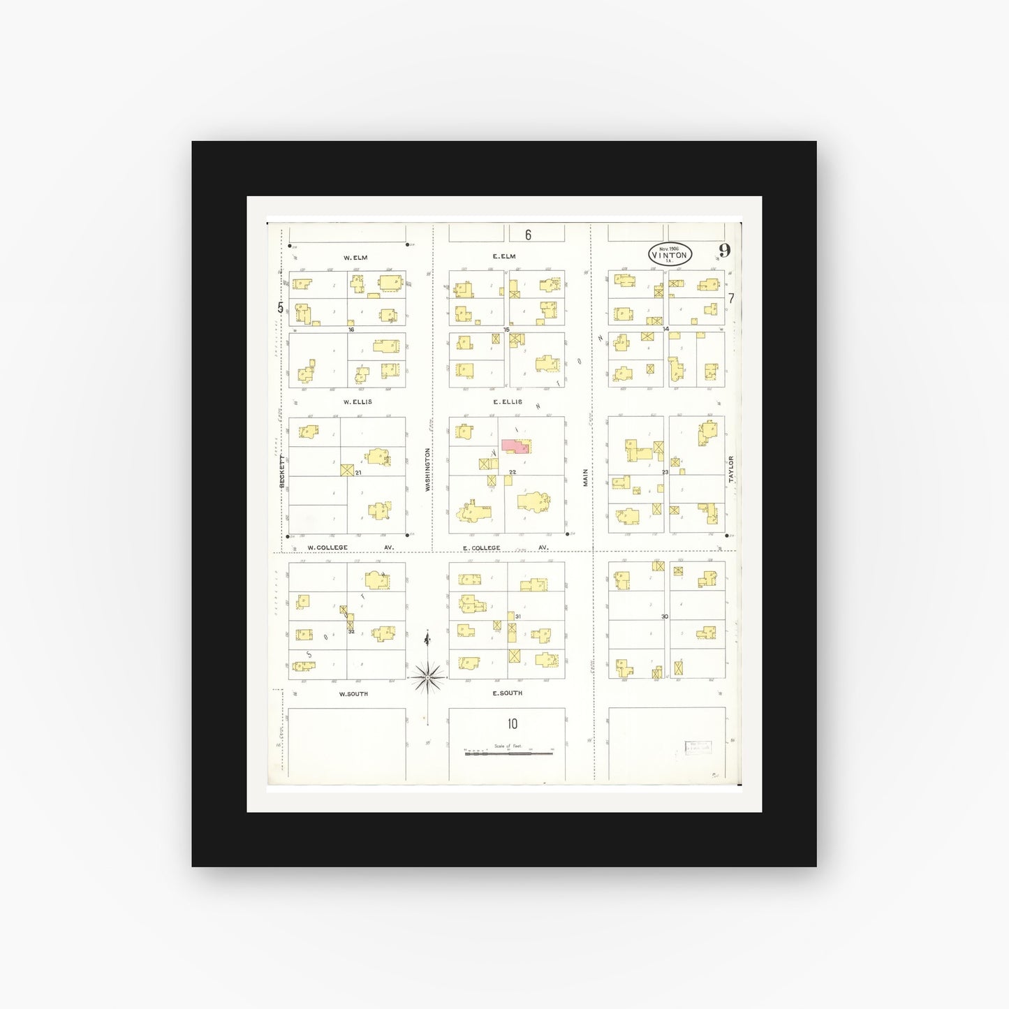 Old map wall art mockup — black gallery frame with white mat — Sanborn Fire Insurance Map from Vinton, Benton County, Iowa (1906), Sheet #0009