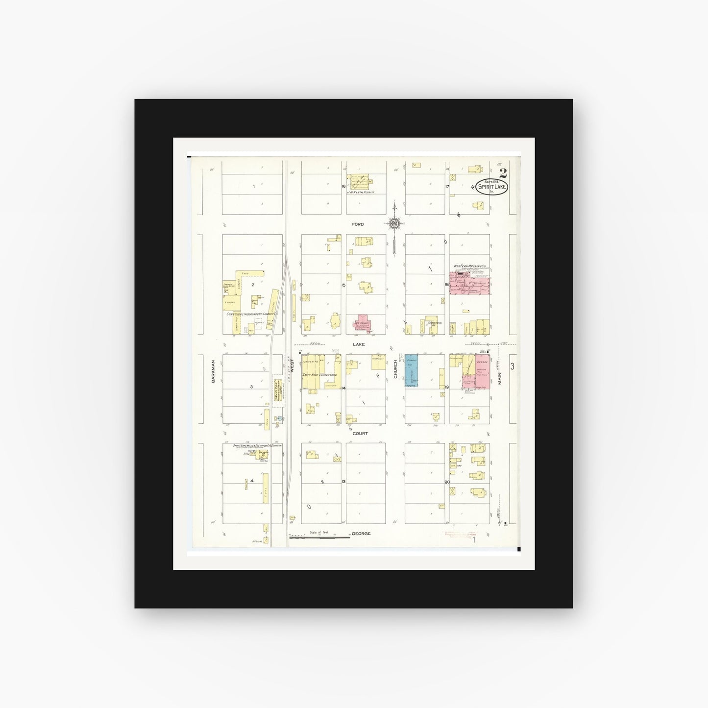 Old map wall art mockup — black gallery frame with white mat — Sanborn Fire Insurance Map from Spirit Lake, Dickinson County, Iowa (1913), Sheet #0002