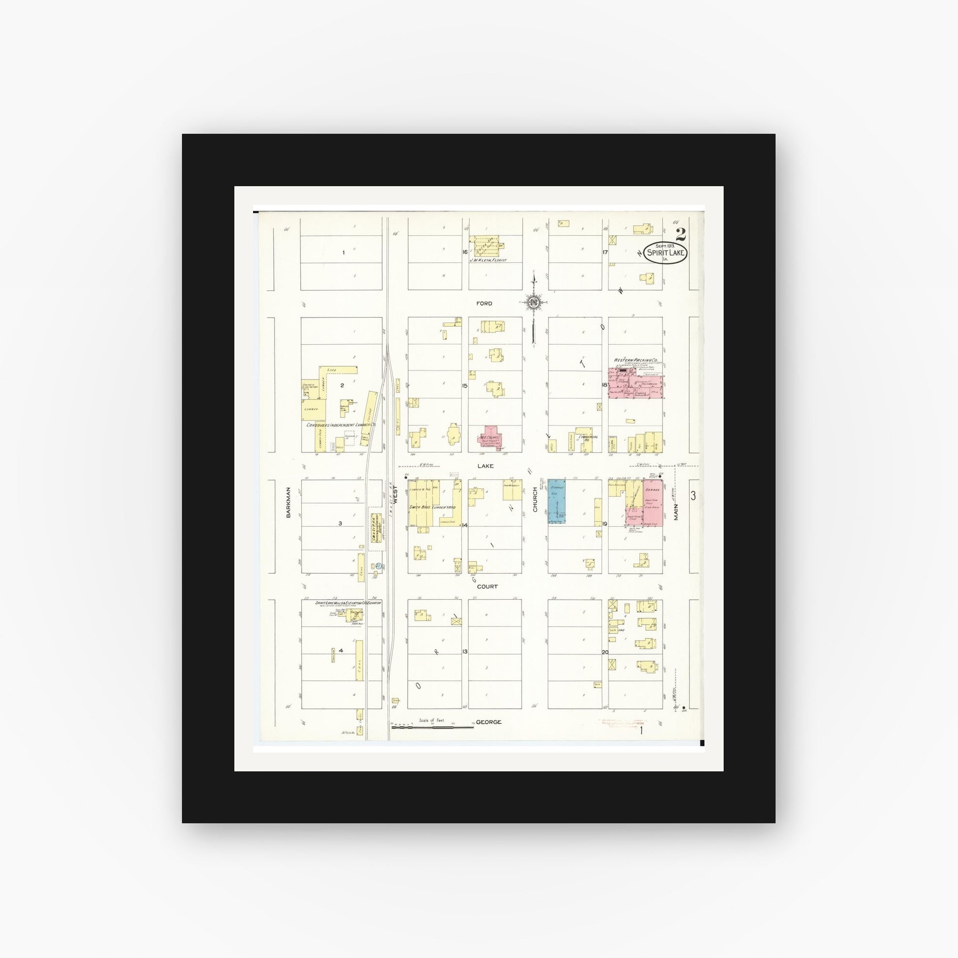 Old map wall art mockup — black gallery frame with white mat — Sanborn Fire Insurance Map from Spirit Lake, Dickinson County, Iowa (1913), Sheet #0002