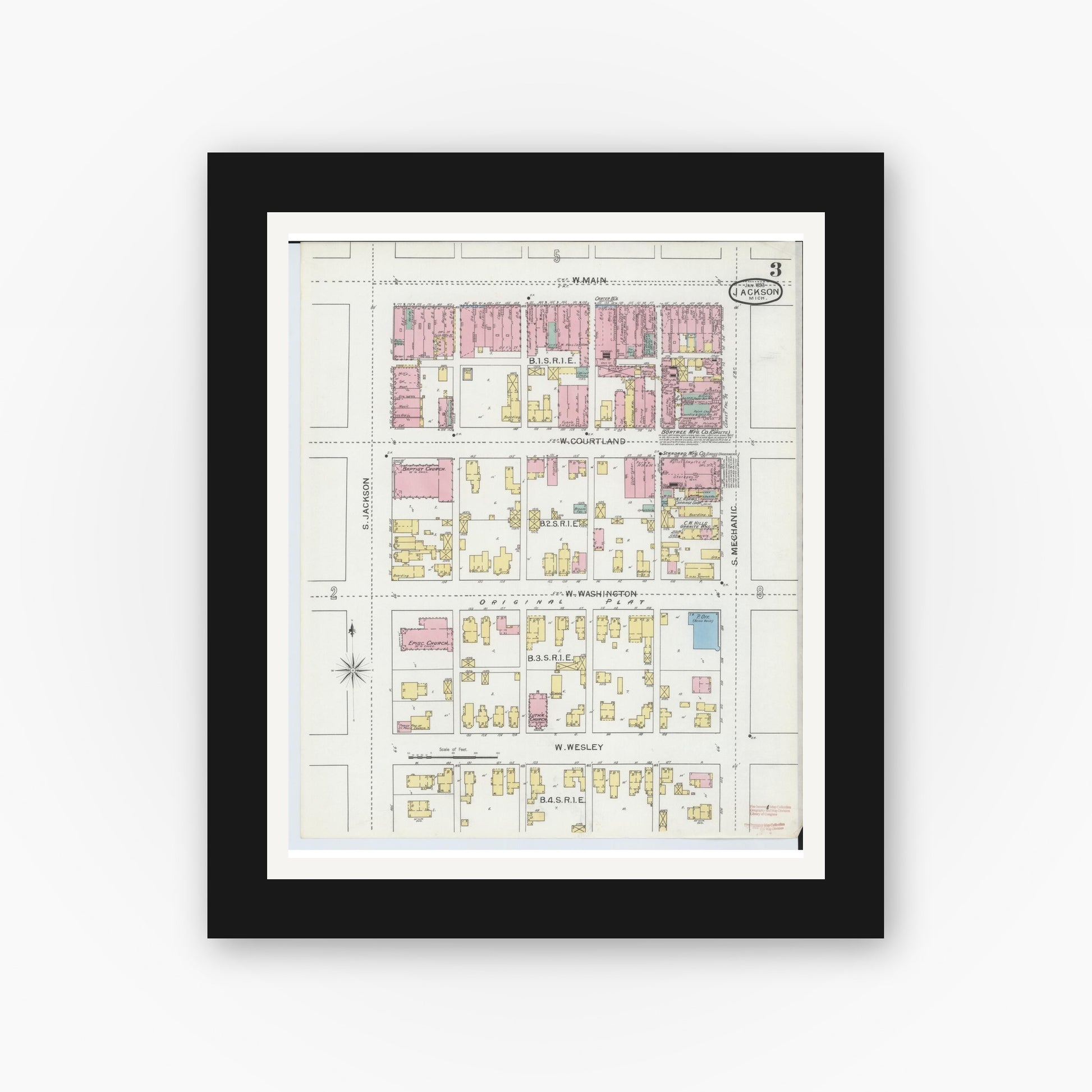 Old map wall art mockup — black gallery frame with white mat — Sanborn Fire Insurance Map from Jackson, Jackson County, Michigan (1893), Sheet #0003