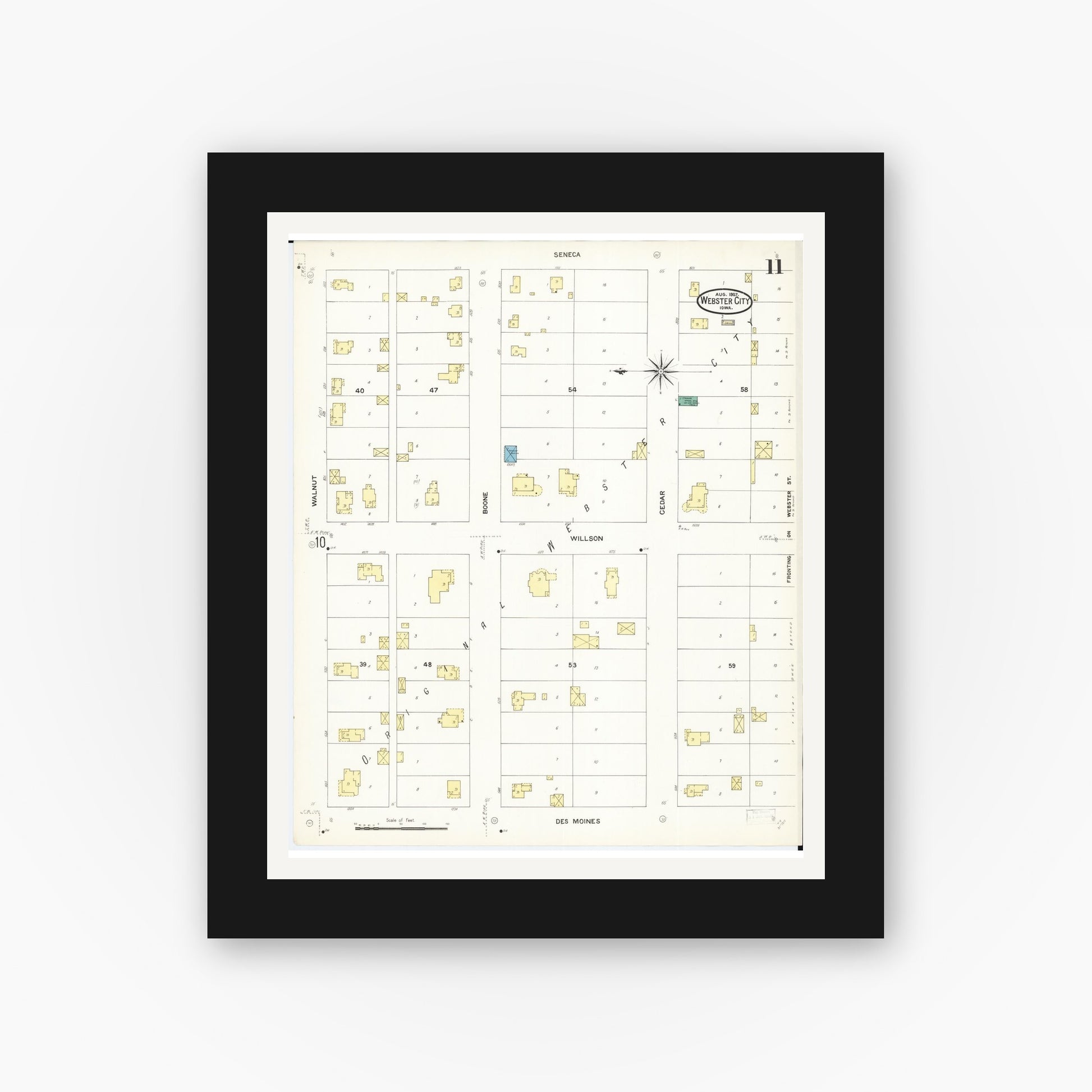 Old map wall art mockup — black gallery frame with white mat — Sanborn Fire Insurance Map from Webster City, Hamilton County, Iowa (1907), Sheet #0011