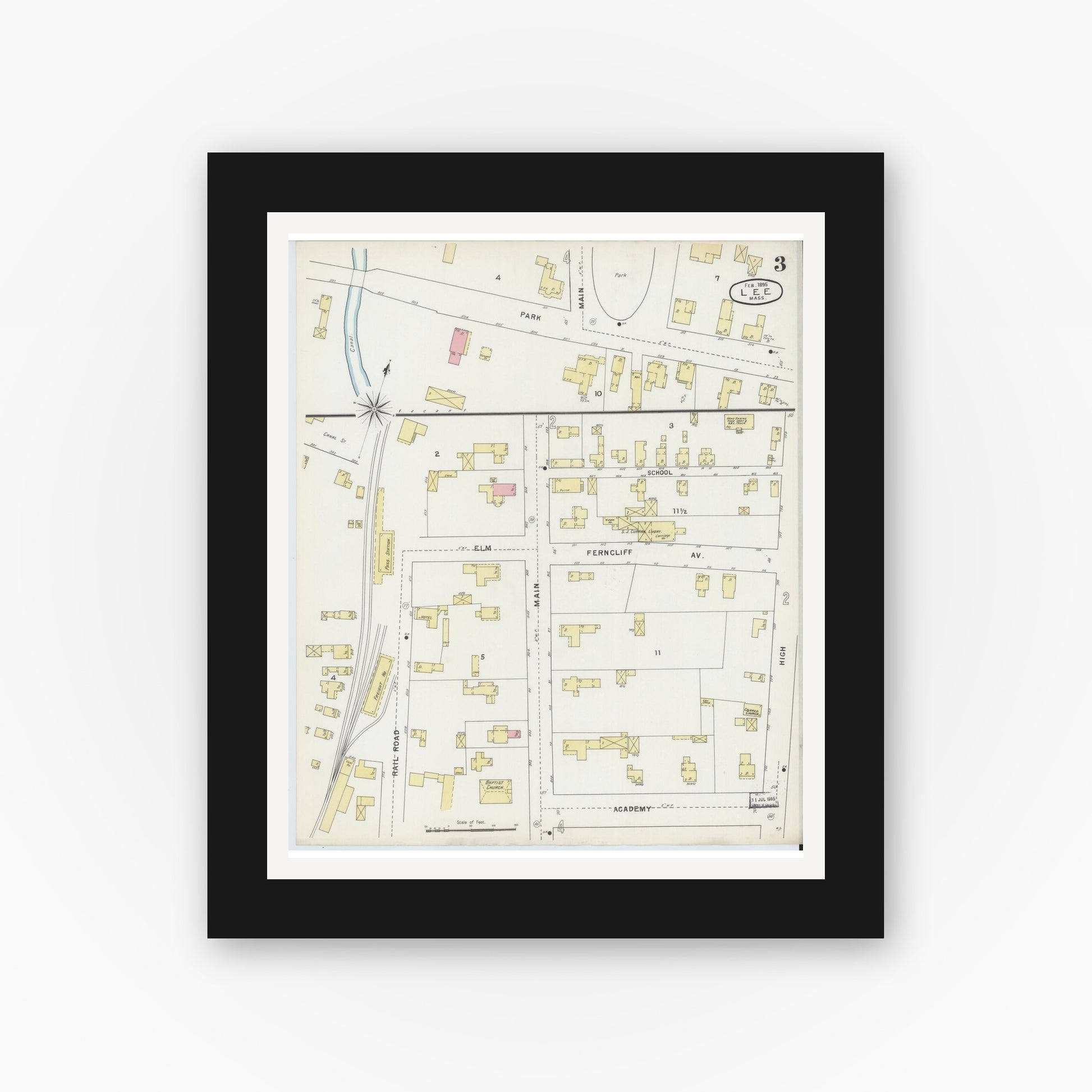 Old map wall art mockup — black gallery frame with white mat — Sanborn Fire Insurance Map from Lee, Berkshire County, Massachusetts (1895), Sheet #0003