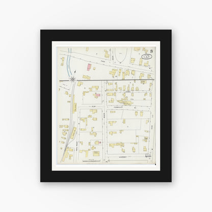 Old map wall art mockup — black gallery frame with white mat — Sanborn Fire Insurance Map from Lee, Berkshire County, Massachusetts (1895), Sheet #0003