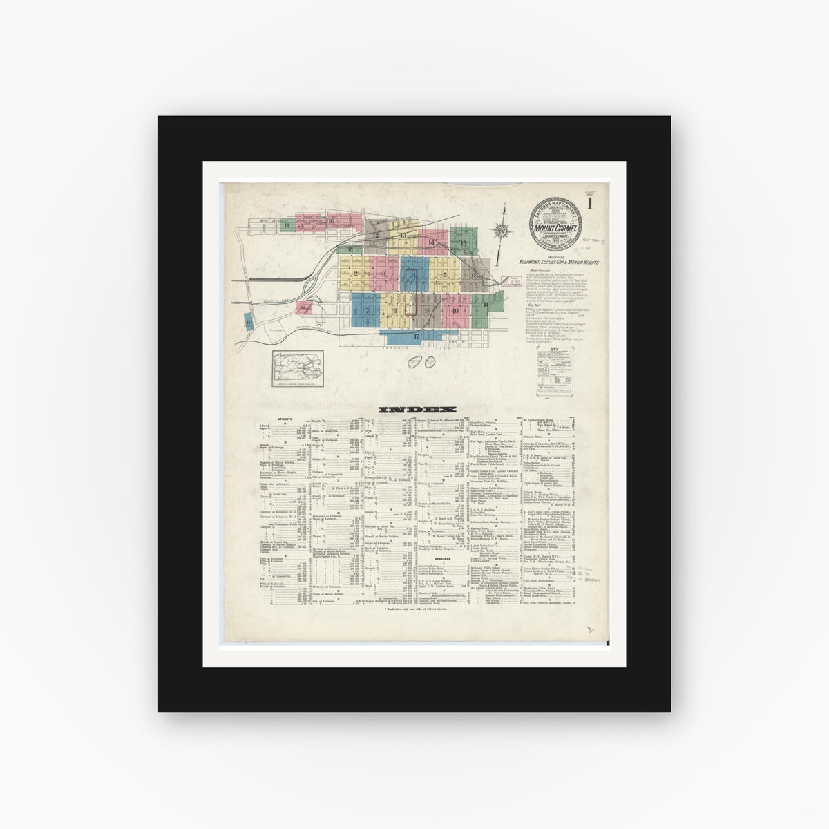 Old map wall art mockup — black gallery frame with white mat — Sanborn Fire Insurance Map from Mount Carmel, Northumberland County, Pennsylvania (1913) - Complete Map Set
