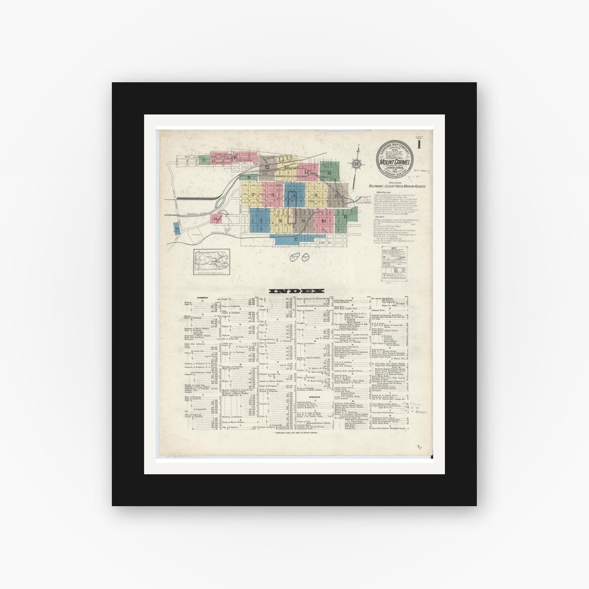 Old map wall art mockup — black gallery frame with white mat — Sanborn Fire Insurance Map from Mount Carmel, Northumberland County, Pennsylvania (1913) - Complete Map Set