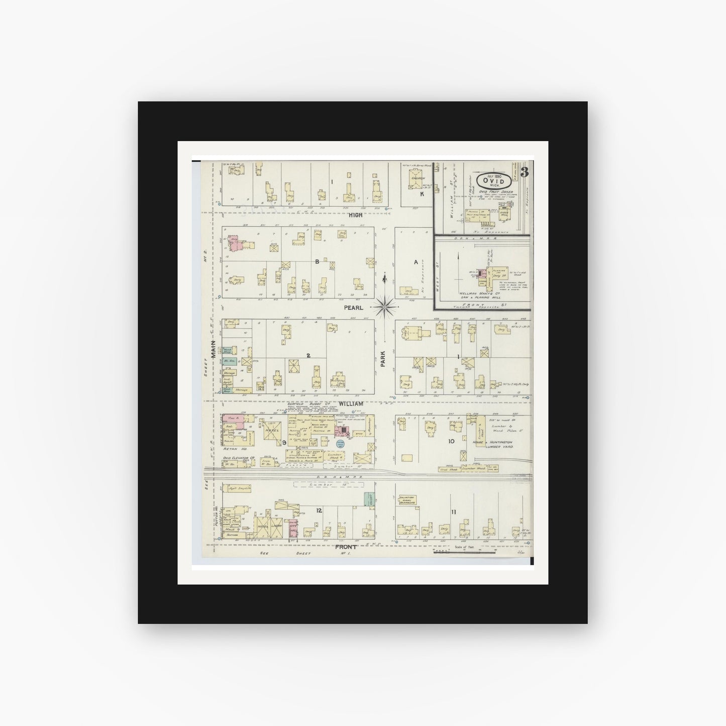 Old map wall art mockup — black gallery frame with white mat — Sanborn Fire Insurance Map from Ovid, Clinton County, Michigan (1890), Sheet #0003