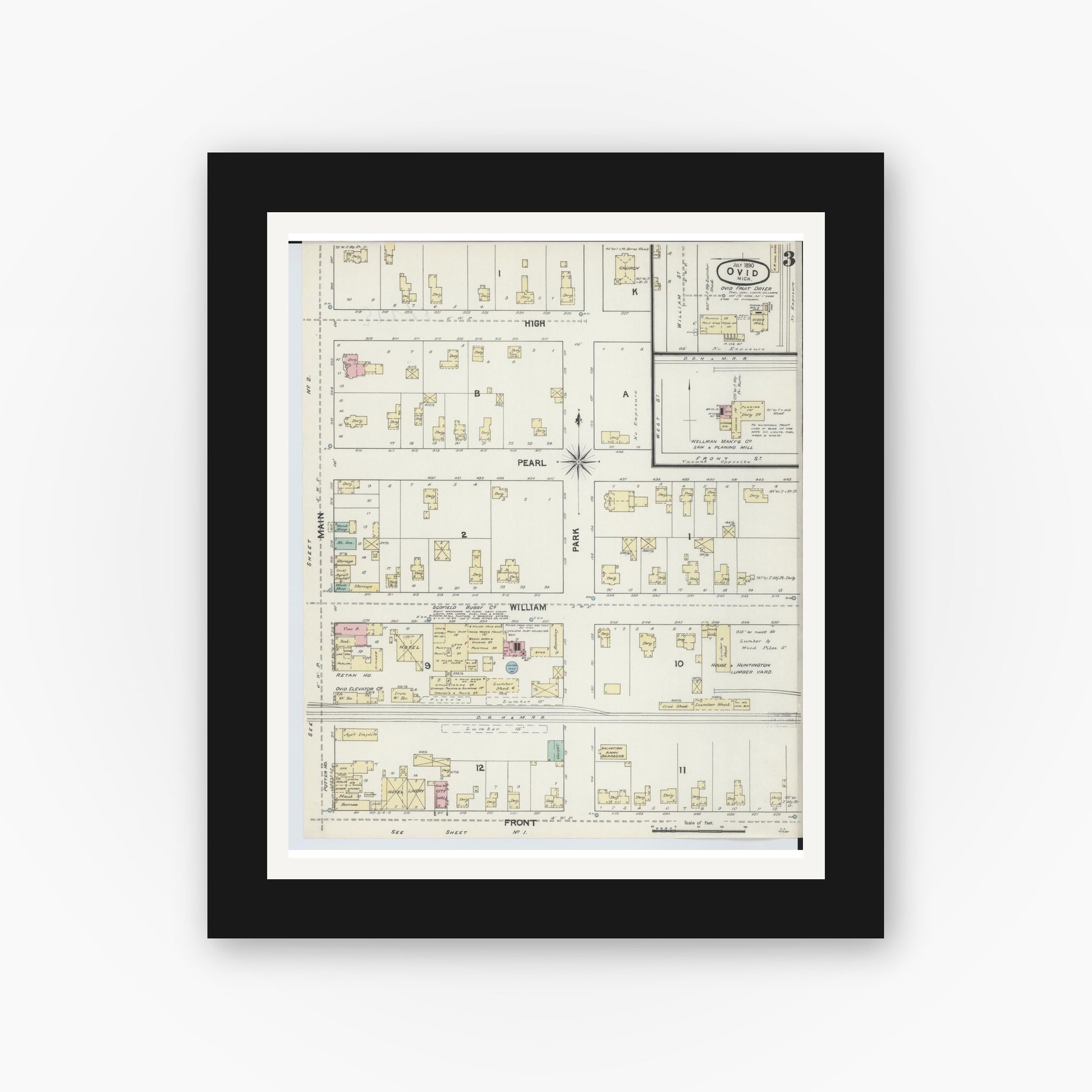 Old map wall art mockup — black gallery frame with white mat — Sanborn Fire Insurance Map from Ovid, Clinton County, Michigan (1890), Sheet #0003